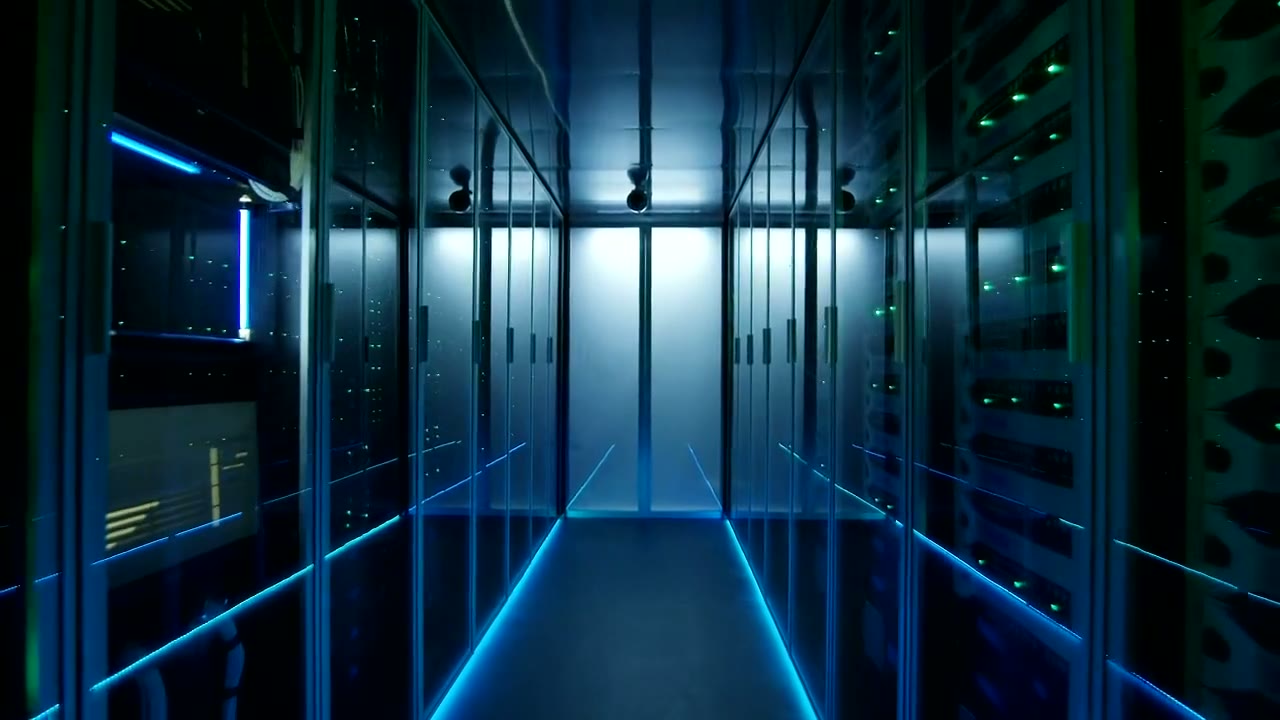 Rows of illuminated servers in a data centre