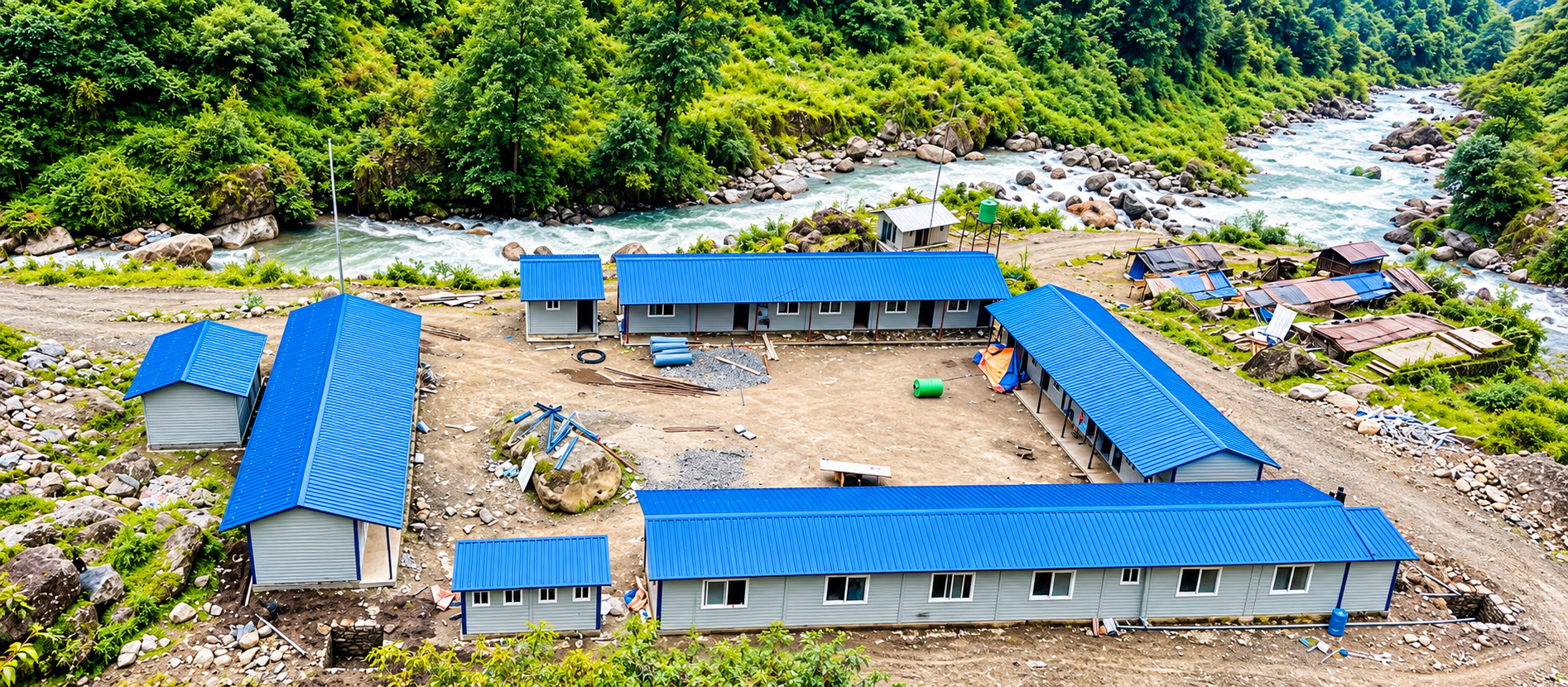 Blue-roofed project buildings beside the river at Alampu’s Mathillo Sagu Khola hydropower site