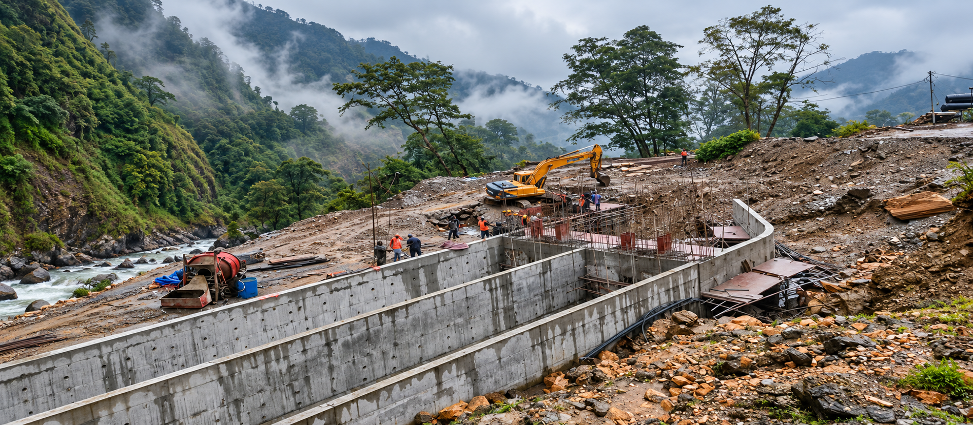 Concrete hydropower structures under construction at Bigu Hydroventure’s Pegu Khola project site