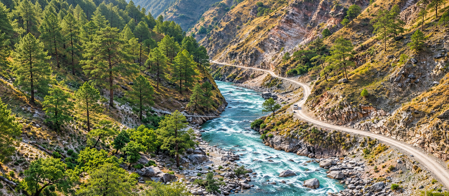 Loti Karnali river and hillside access road at White Water Energy’s proposed hydropower project site