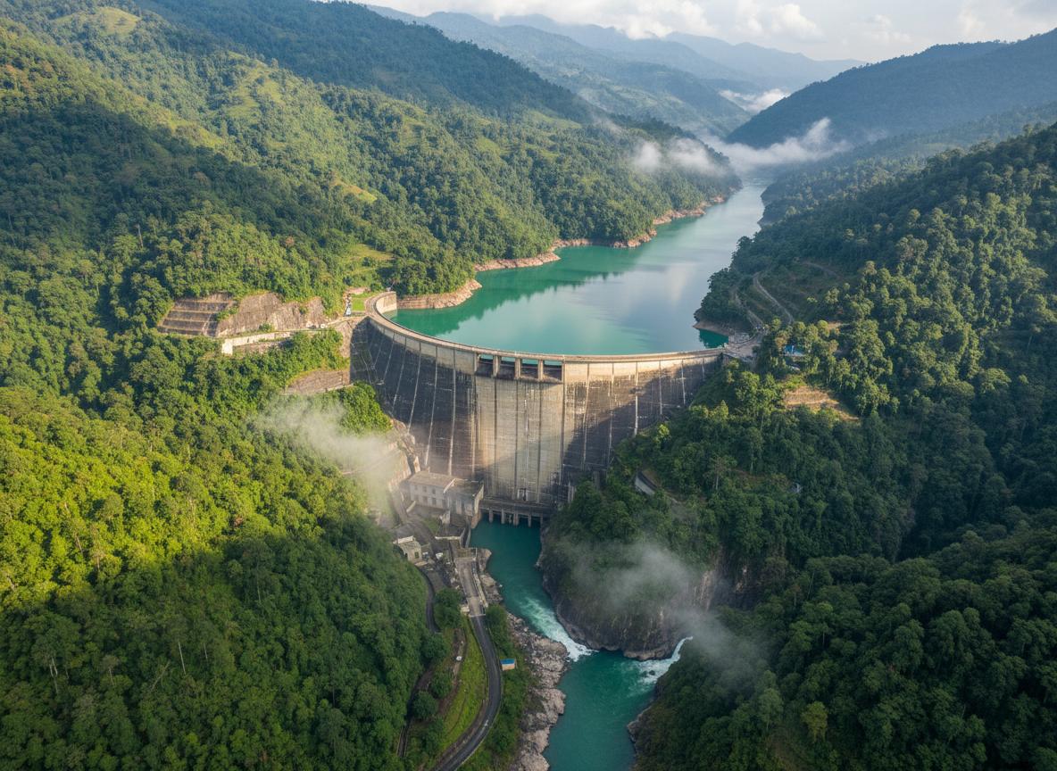 Hydroelectric dam in a forested mountain valley