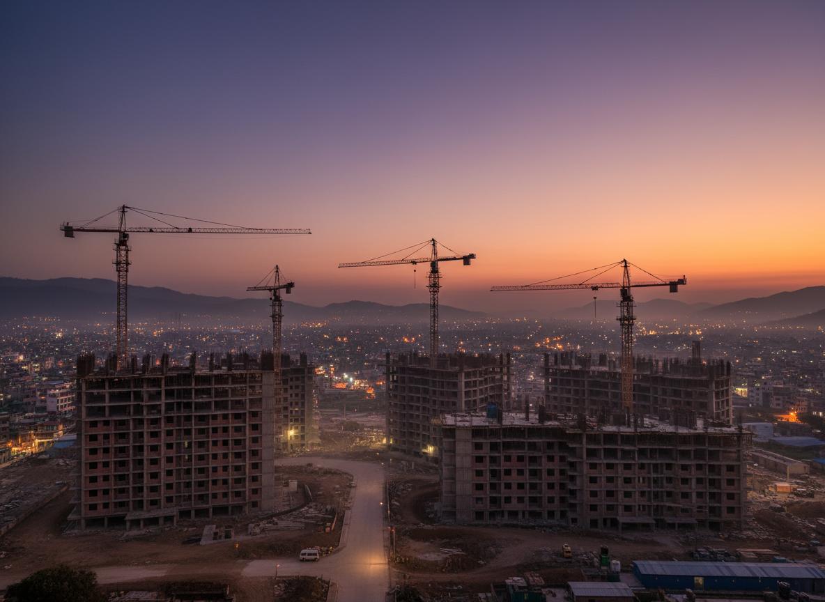 Construction cranes above Kathmandu at sunset